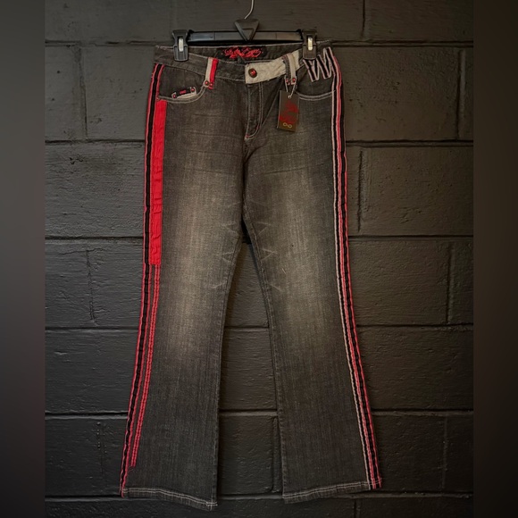 Lady Enyce Y2K Low Rise Flare Jeans Women’s Black Red Satin Trim Deadstock NWT - Picture 2 of 6